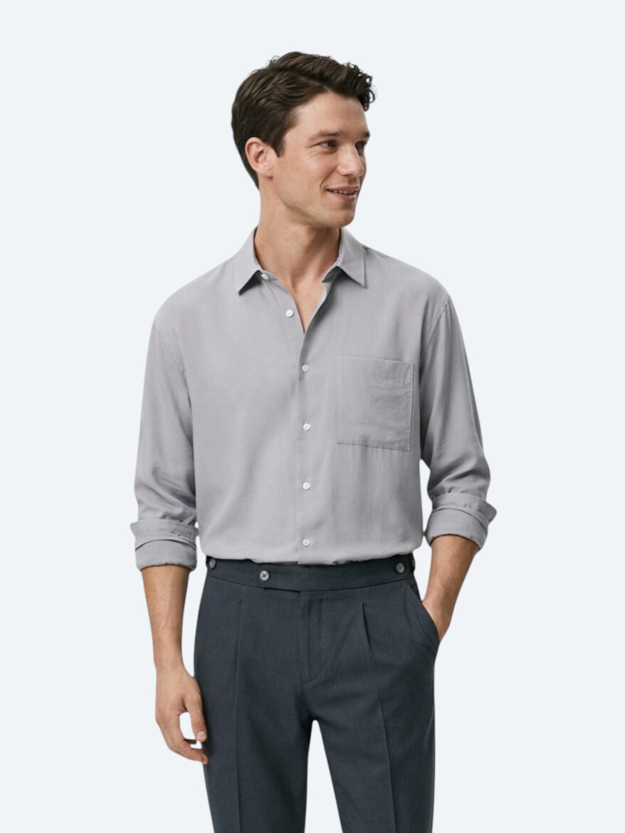 Purple Plain Oversize Fit Long Weaving Casual Shirt - KİP