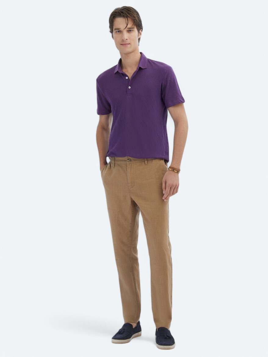 Purple Plain Polo Neck Cotton Blended T-Shirt - KİP