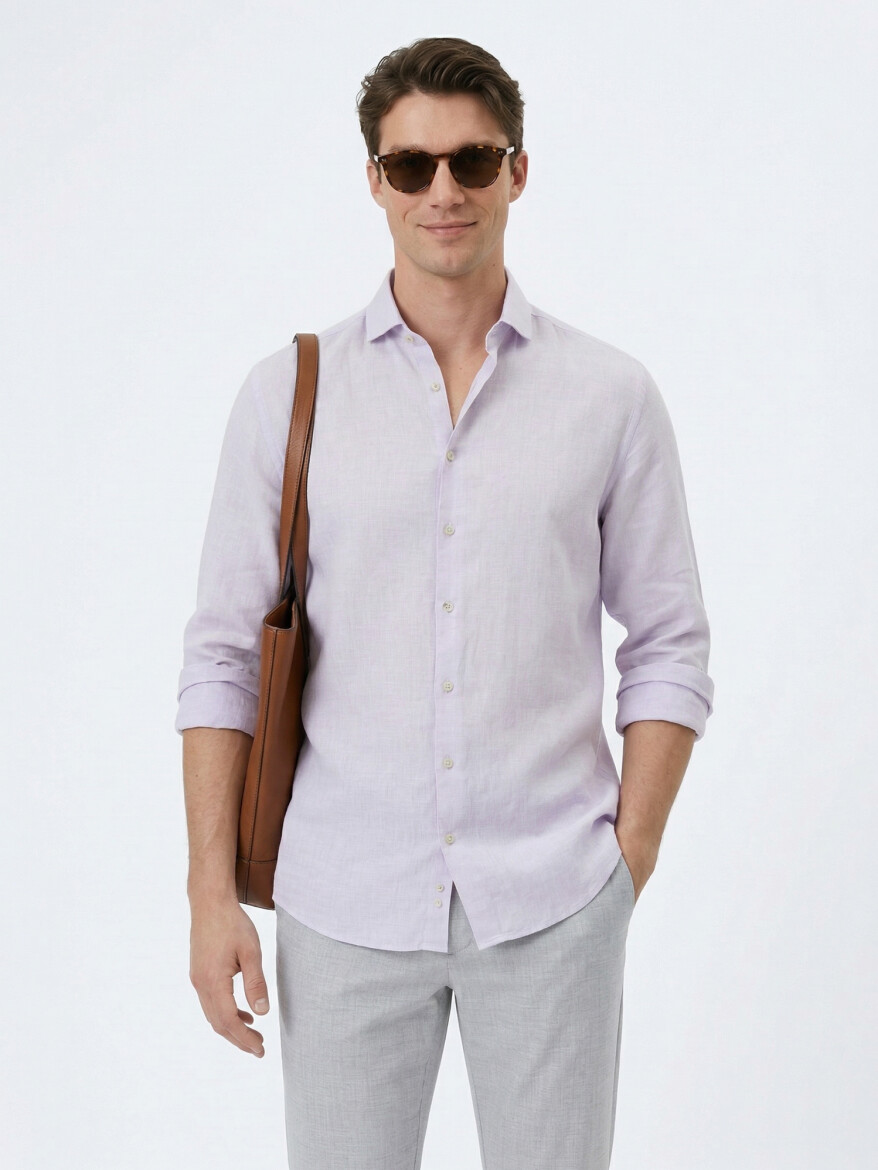 Purple Plain Regular Fit Long Weaving Casual Cotton Blended Shirt 