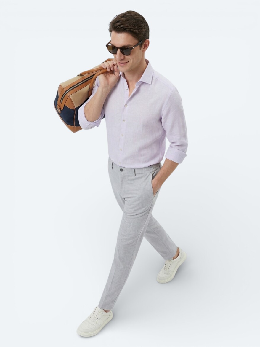 Purple Plain Regular Fit Long Weaving Casual Cotton Blended Shirt - 2