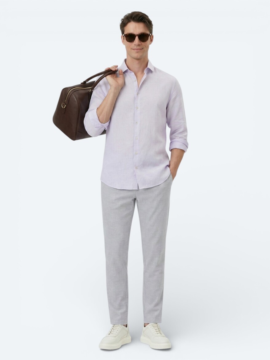 Purple Plain Regular Fit Long Weaving Casual Cotton Blended Shirt - 4