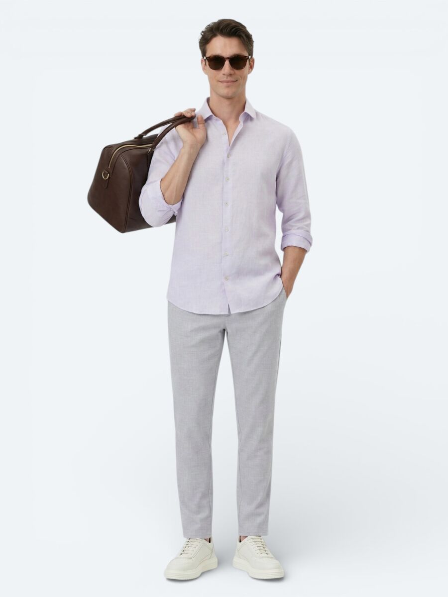 Purple Plain Regular Fit Long Weaving Casual Cotton Blended Shirt - 4