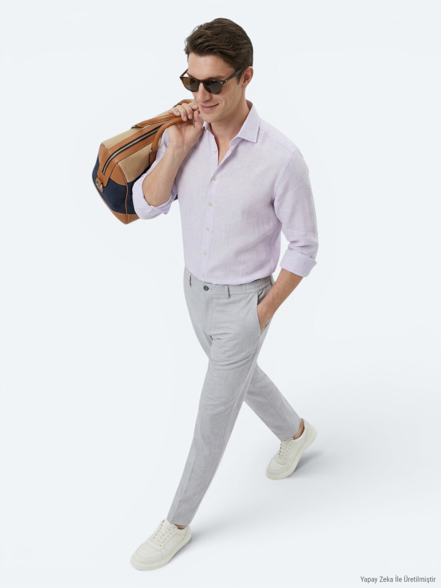 Purple Plain Regular Fit Long Weaving Casual Cotton Blended Shirt - KİP
