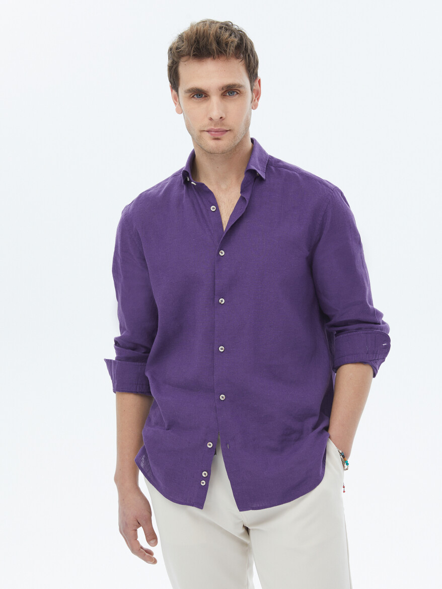Purple Plain Regular Fit Long Weaving Casual Cotton Blended Shirt - 2