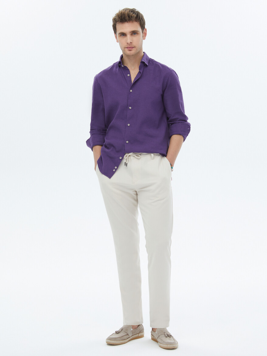 Purple Plain Regular Fit Long Weaving Casual Cotton Blended Shirt - 4