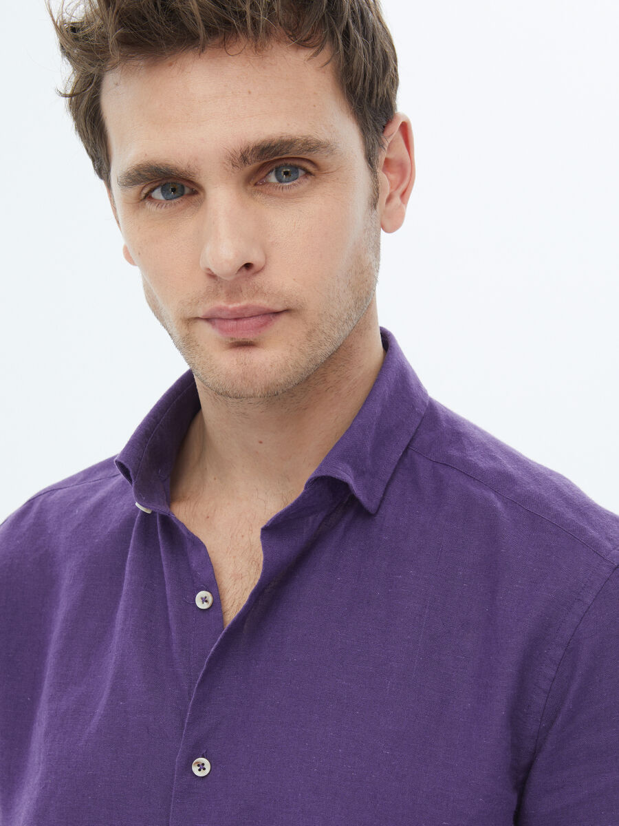 Purple Plain Regular Fit Long Weaving Casual Cotton Blended Shirt - 5