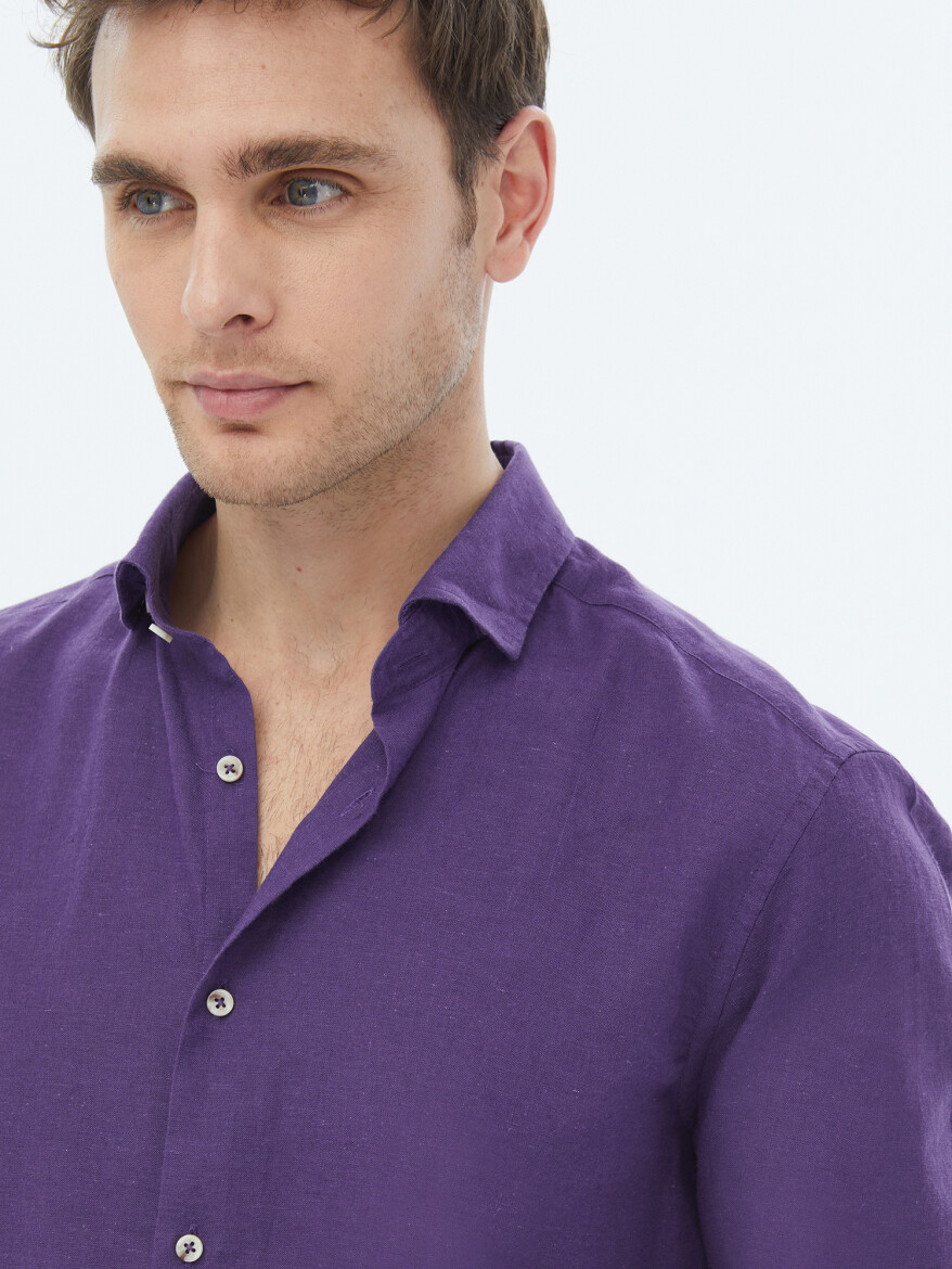 Purple Plain Regular Fit Long Weaving Casual Cotton Blended Shirt - 8