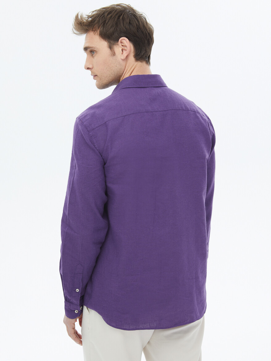 Purple Plain Regular Fit Long Weaving Casual Cotton Blended Shirt - 12