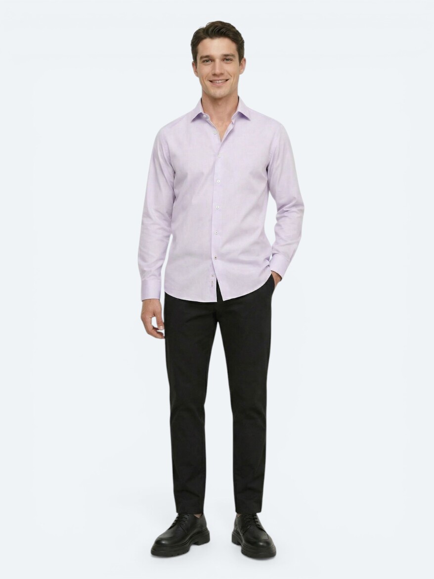 Purple Plain Regular Fit Long Weaving Classical 100% Cotton Shirt 