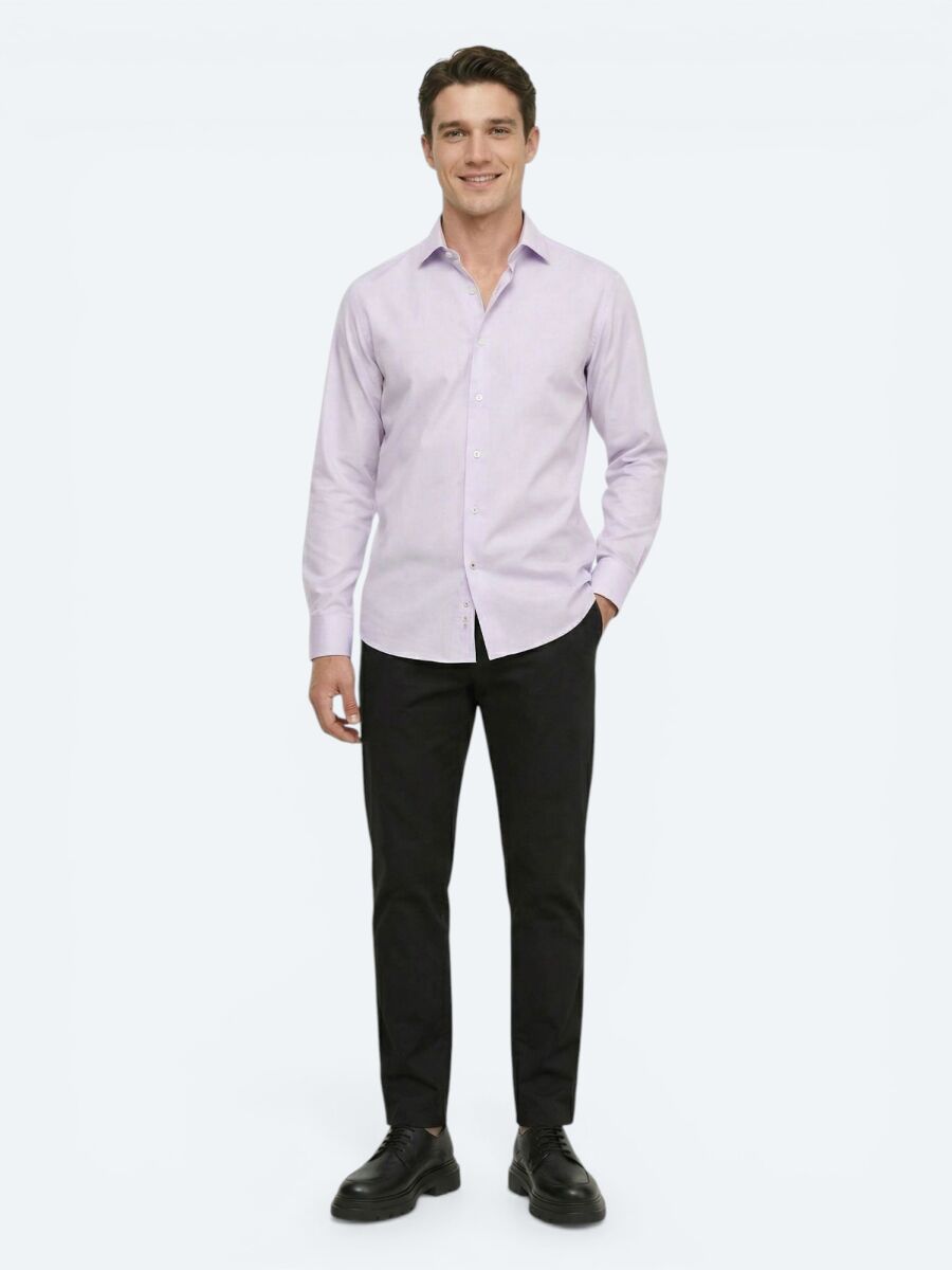 Purple Plain Regular Fit Long Weaving Classical 100% Cotton Shirt - 1