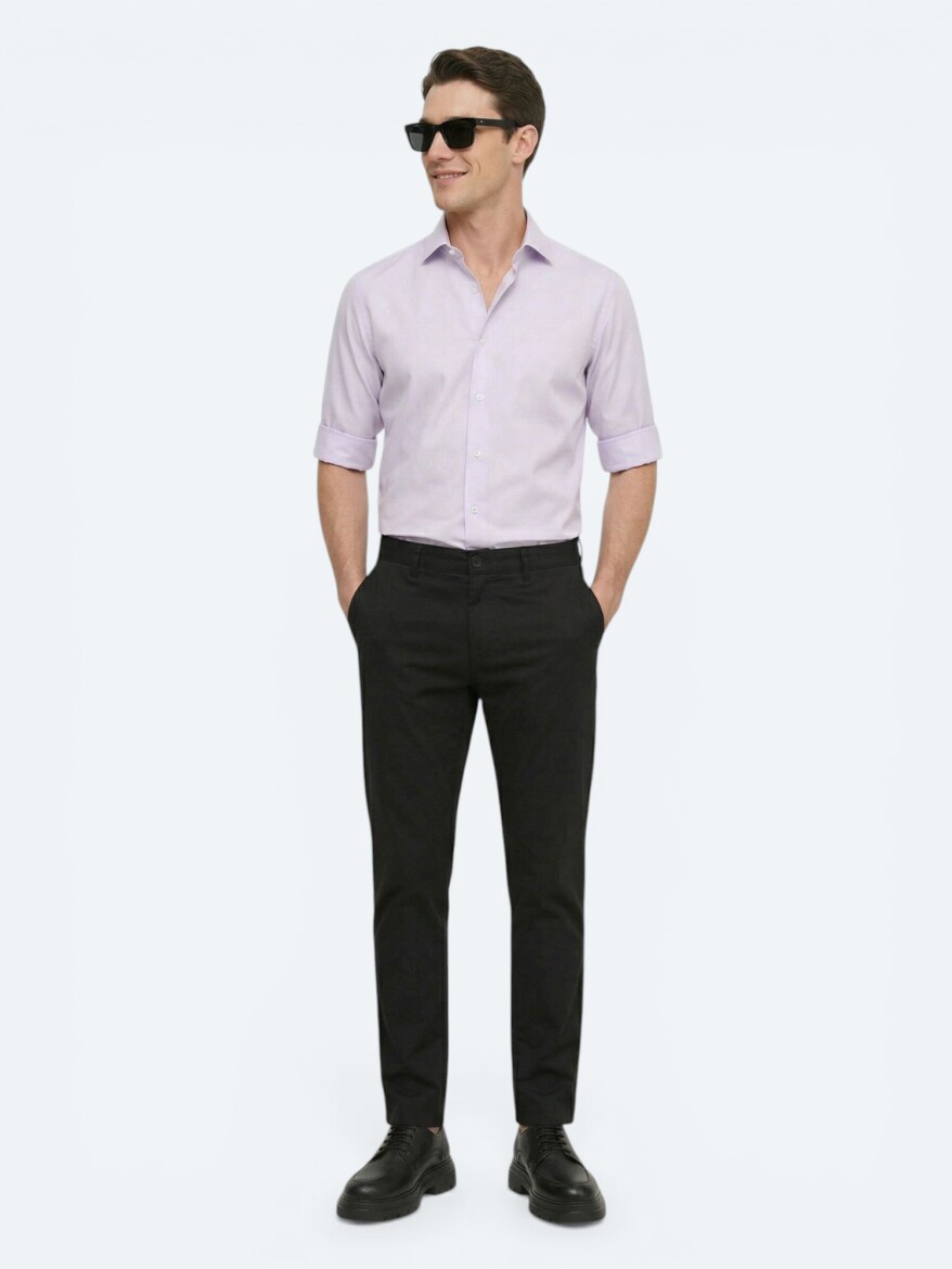 Purple Plain Regular Fit Long Weaving Classical 100% Cotton Shirt - 4