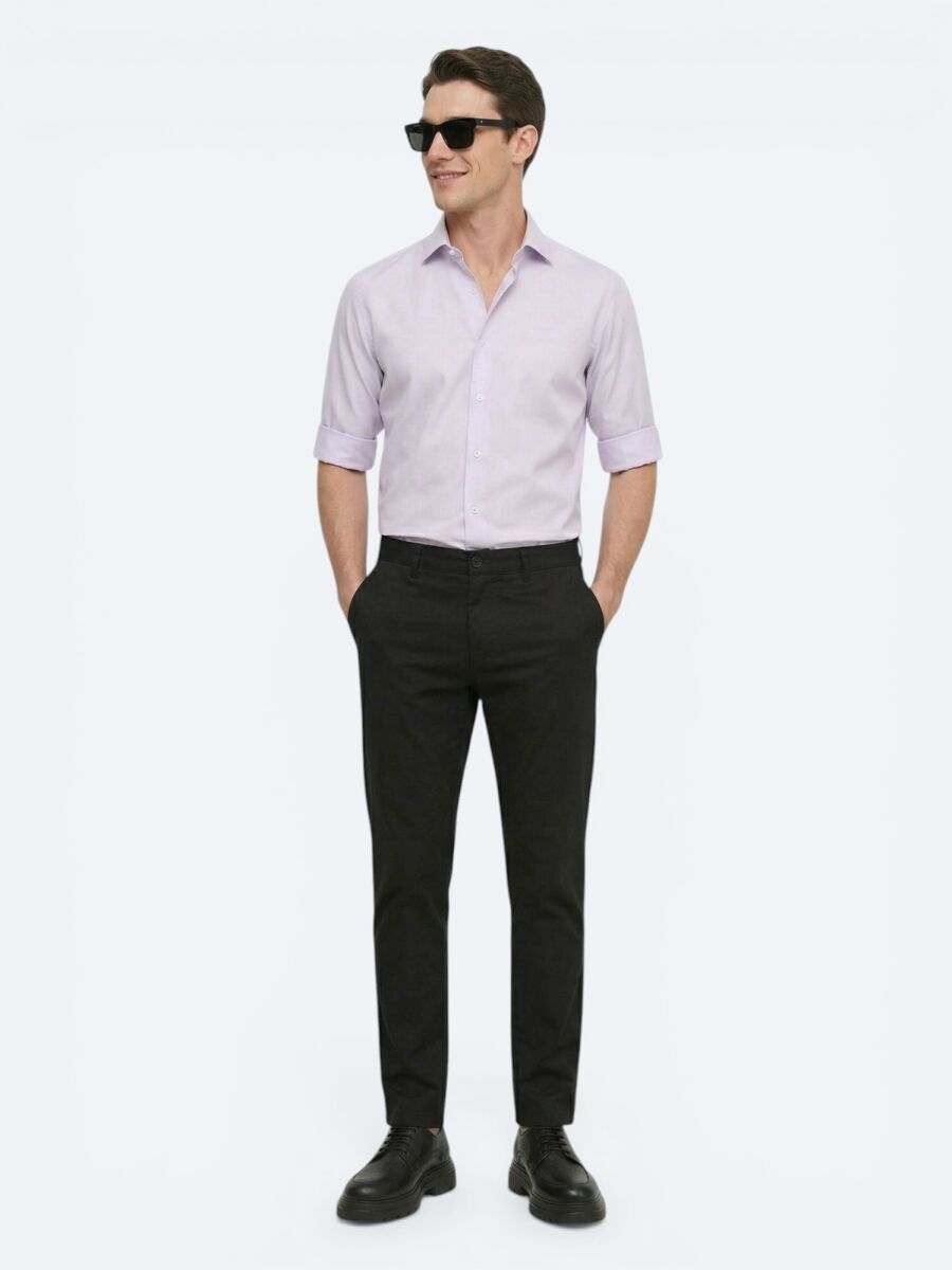 Purple Plain Regular Fit Long Weaving Classical 100% Cotton Shirt - 4