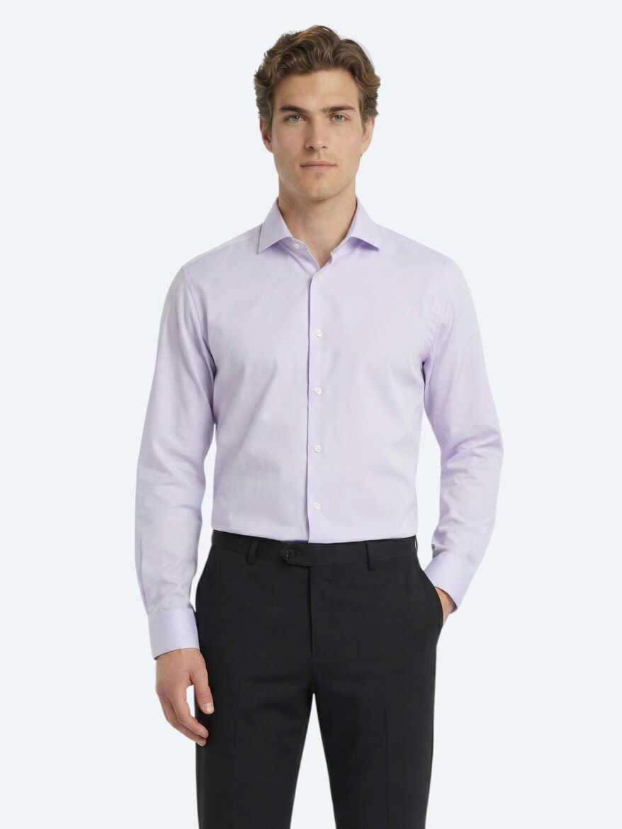 Purple Plain Regular Fit Long Weaving Classical 100% Cotton Shirt 