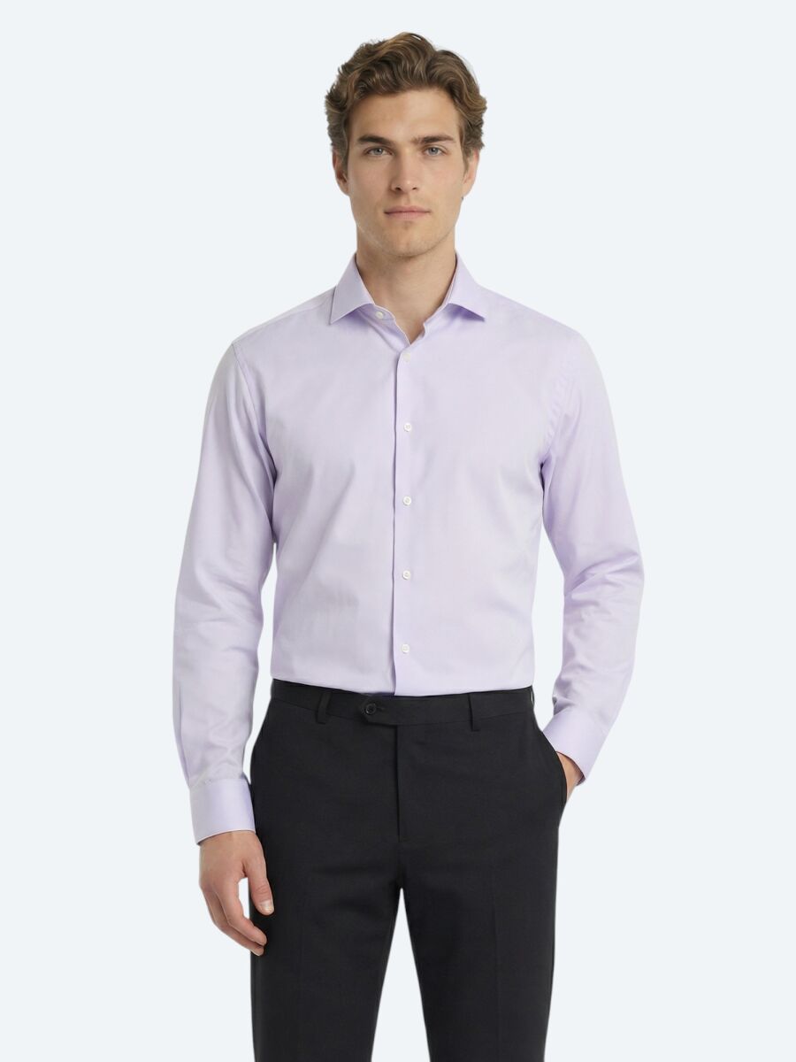 Purple Plain Regular Fit Long Weaving Classical 100% Cotton Shirt - 1