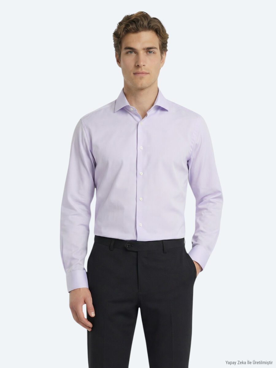 Purple Plain Regular Fit Long Weaving Classical 100% Cotton Shirt - 1