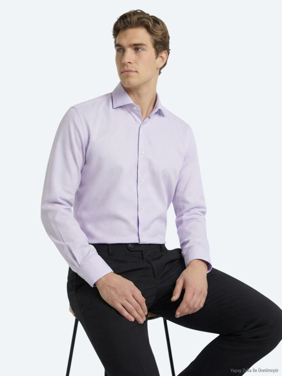 Purple Plain Regular Fit Long Weaving Classical 100% Cotton Shirt - 2