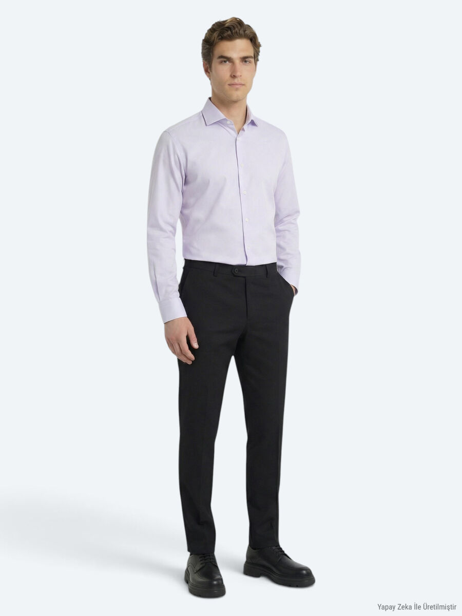 Purple Plain Regular Fit Long Weaving Classical 100% Cotton Shirt - 3