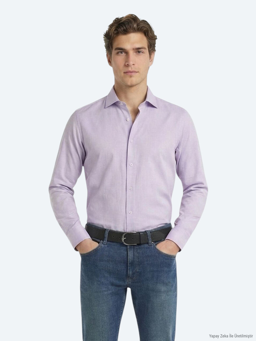 Purple Plain Regular Fit Long Weaving Classical Cotton Blended Shirt 
