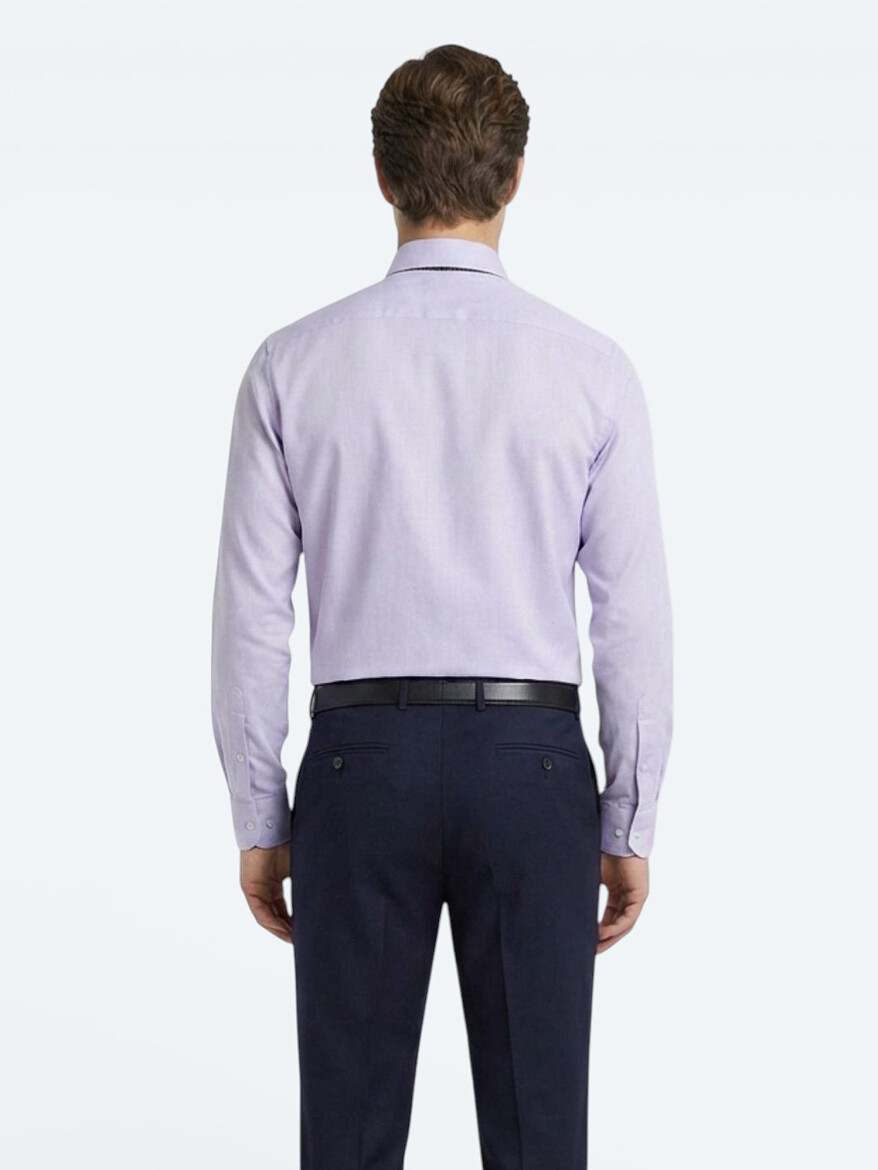 Purple Plain Regular Fit Long Weaving Classical Cotton Blended Shirt - 4