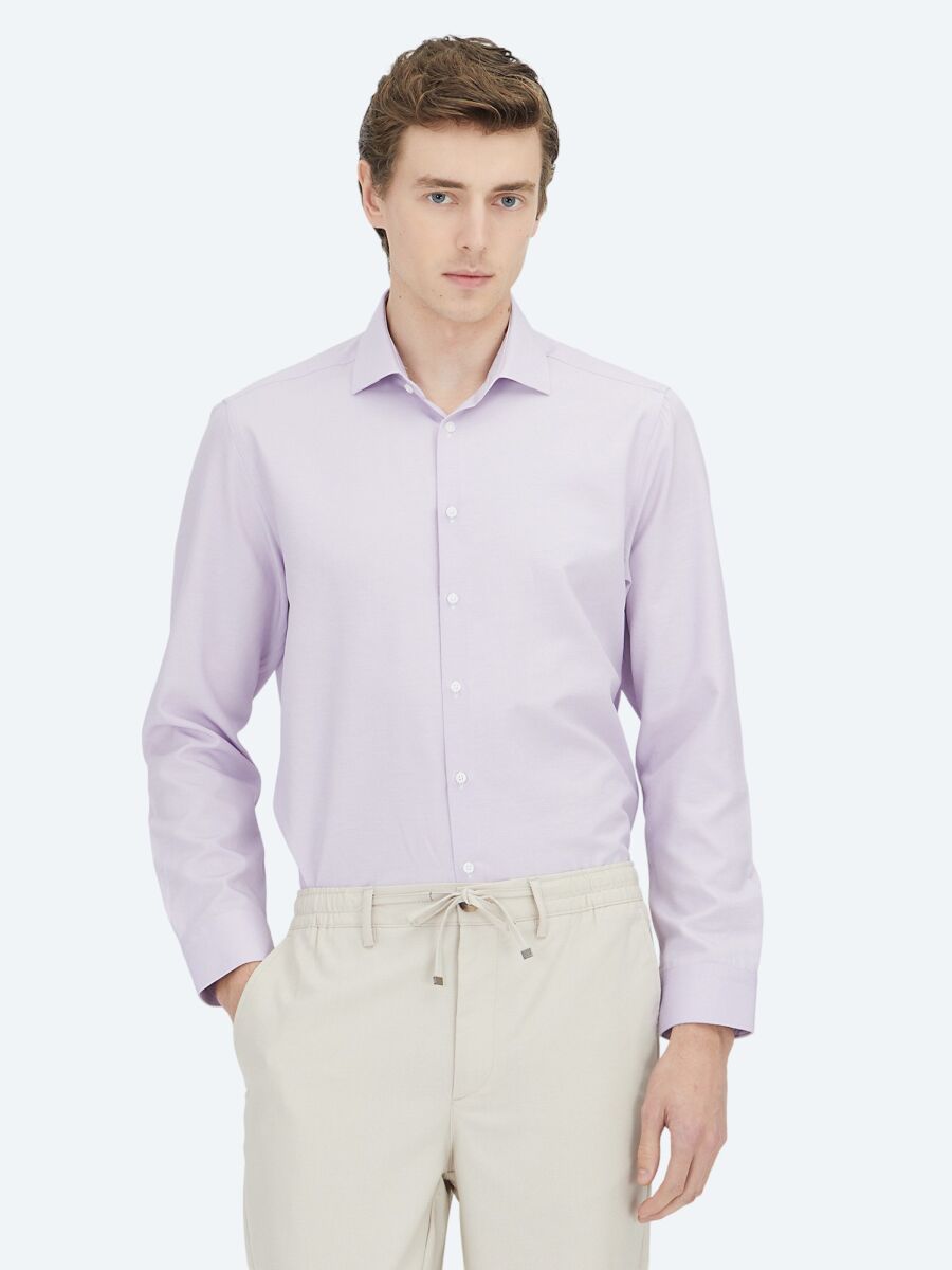 Purple Plain Regular Fit Long Weaving Classical Cotton Blended Shirt - 1