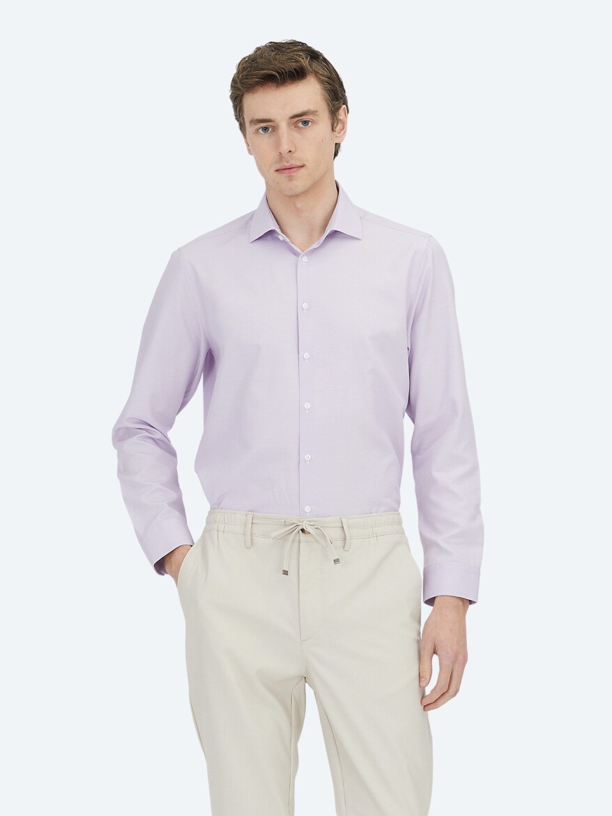 Purple Plain Regular Fit Long Weaving Classical Cotton Blended Shirt - 2
