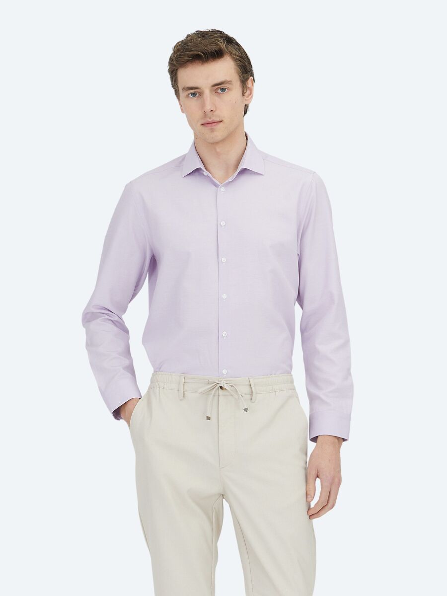 Purple Plain Regular Fit Long Weaving Classical Cotton Blended Shirt - 2