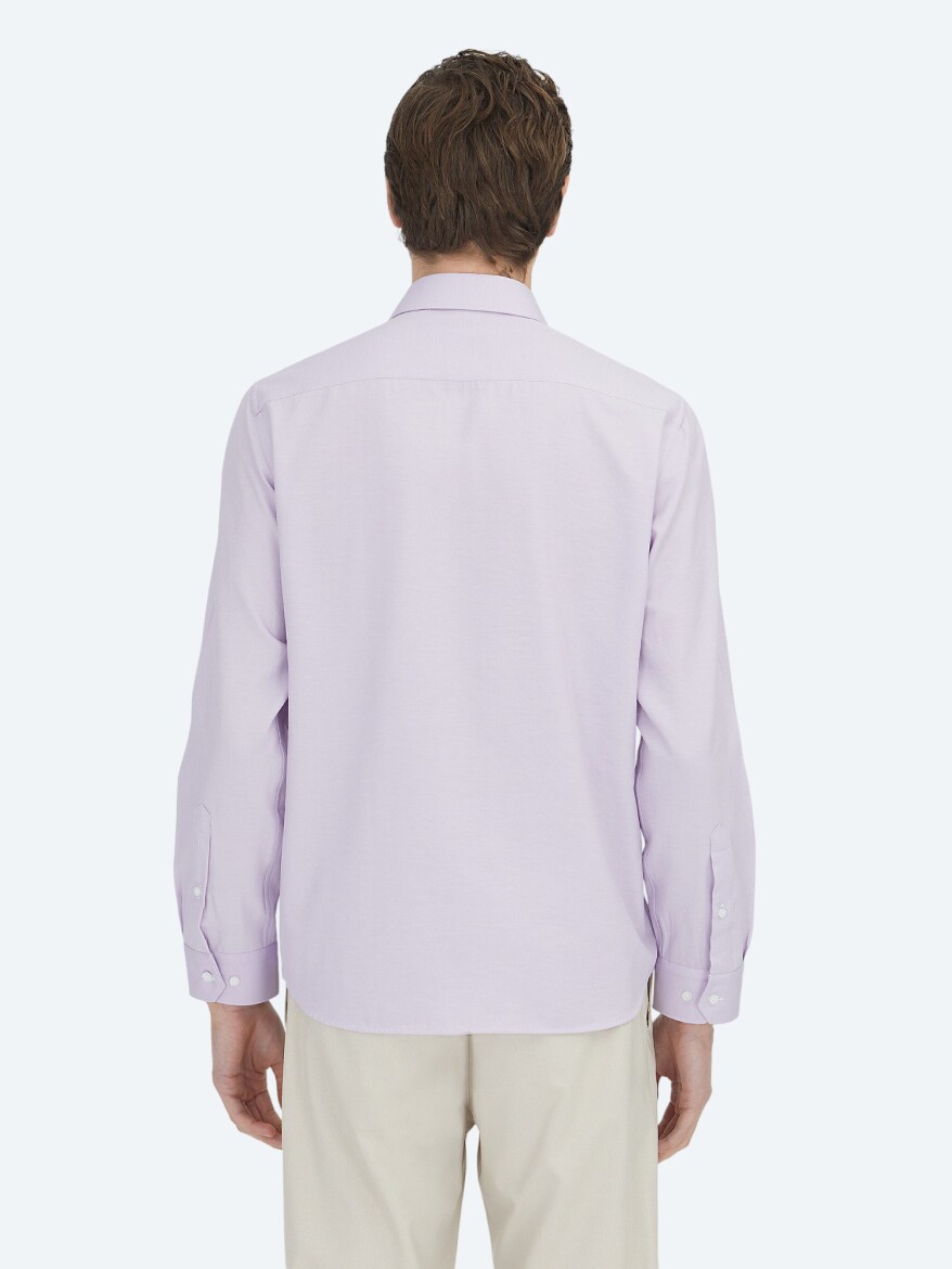 Purple Plain Regular Fit Long Weaving Classical Cotton Blended Shirt - 5