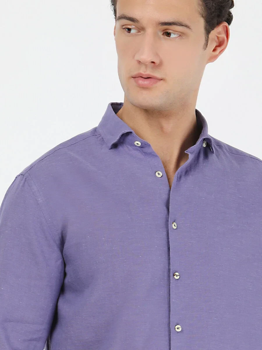 Purple Plain Regular Fit Weaving Casual Cotton Blended Shirt - 1