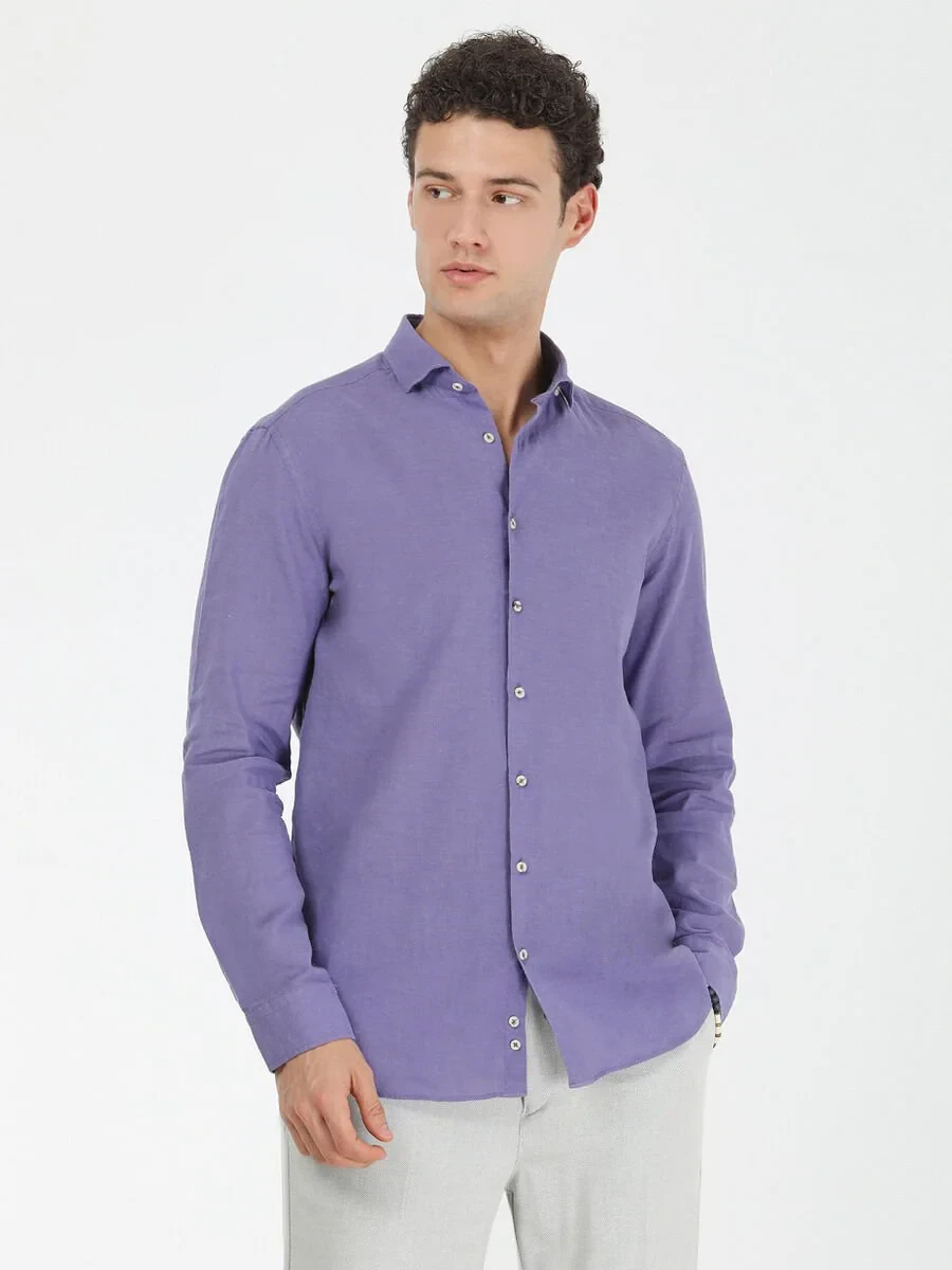 Purple Plain Regular Fit Weaving Casual Cotton Blended Shirt - 2