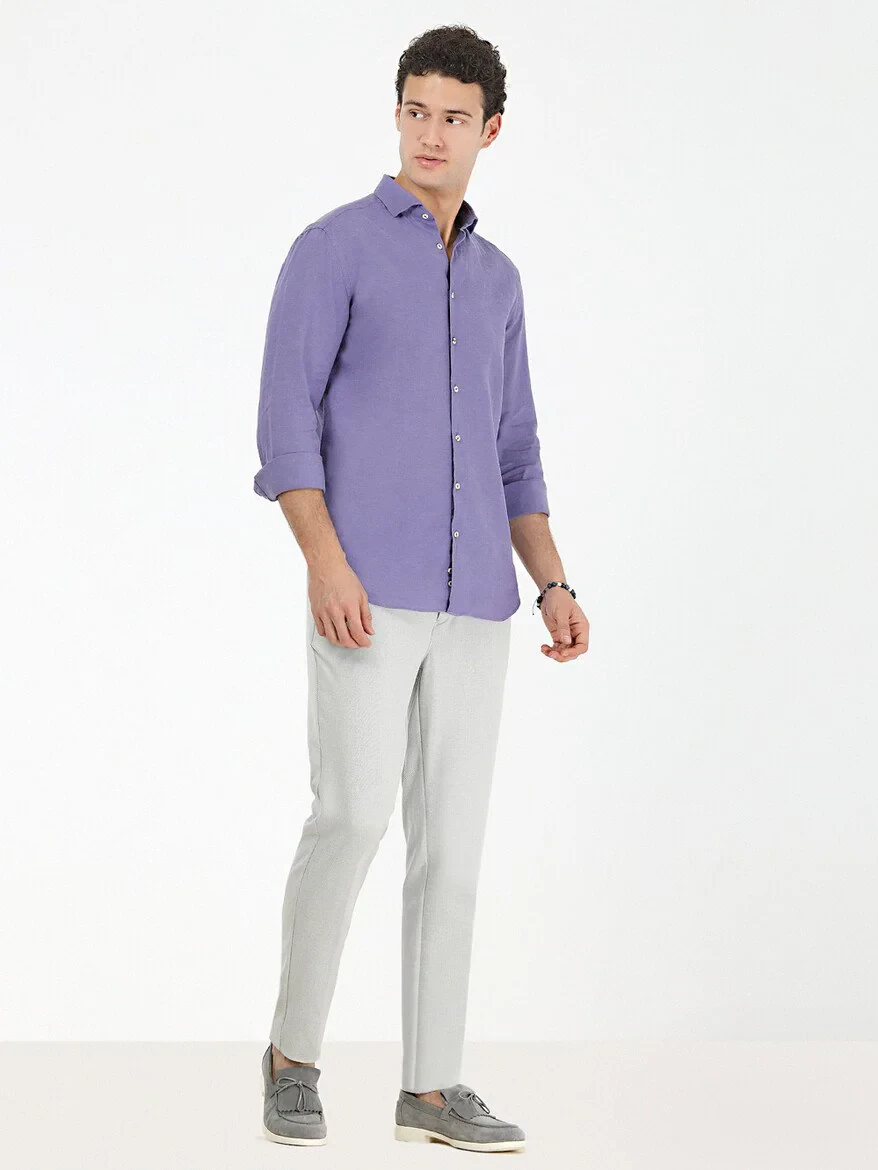 Purple Plain Regular Fit Weaving Casual Cotton Blended Shirt - 3