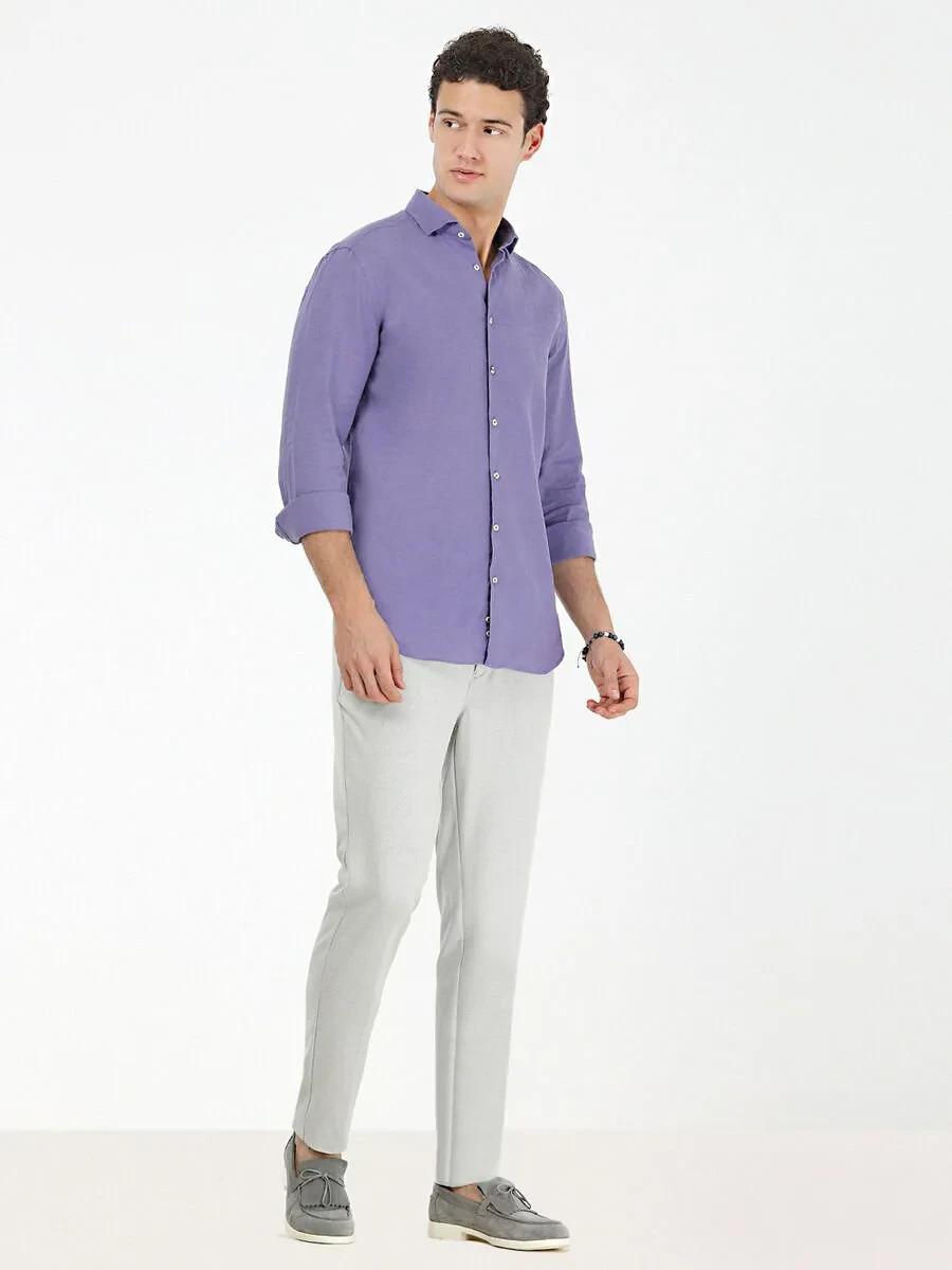Purple Plain Regular Fit Weaving Casual Cotton Blended Shirt - 3