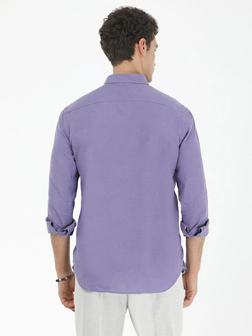 Purple Plain Regular Fit Weaving Casual Cotton Blended Shirt 