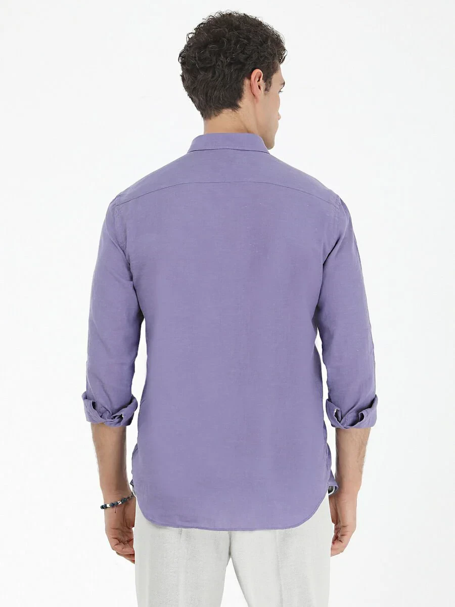 Purple Plain Regular Fit Weaving Casual Cotton Blended Shirt - 4