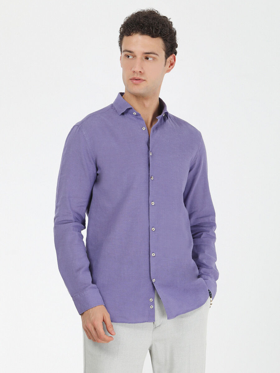 Purple Plain Regular Fit Weaving Casual Cotton Blended Shirt - 2