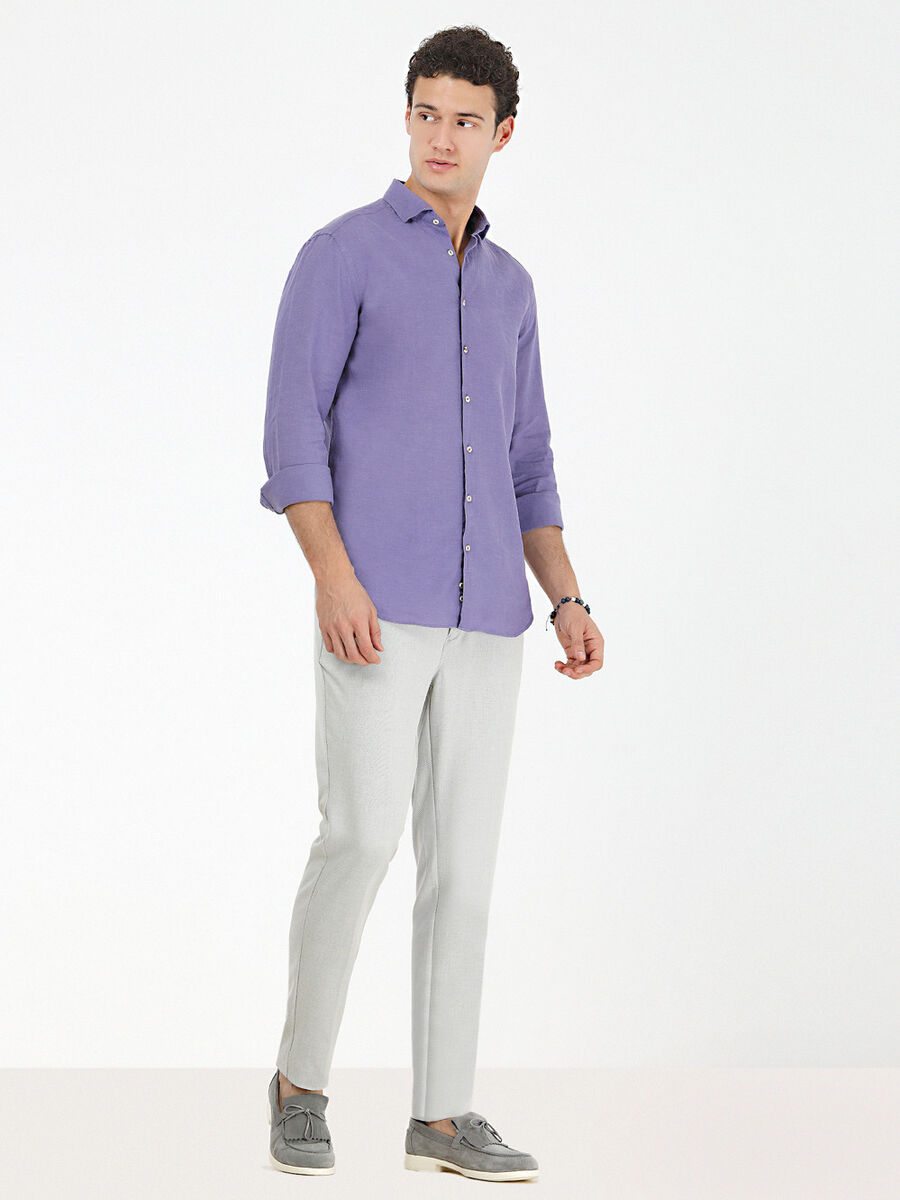 Purple Plain Regular Fit Weaving Casual Cotton Blended Shirt - 3