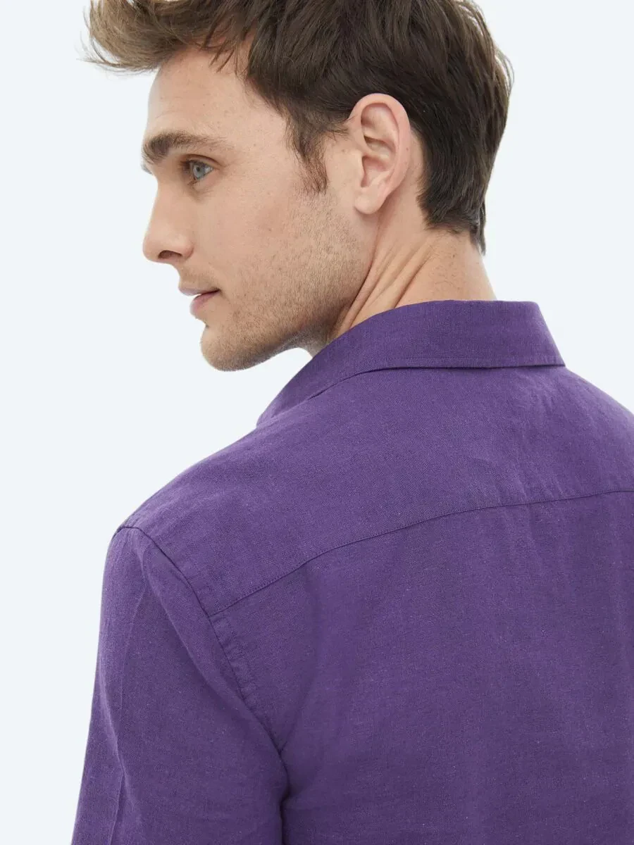 Purple Plain Regular Fit Weaving Casual Cotton Blended Shirt - 11