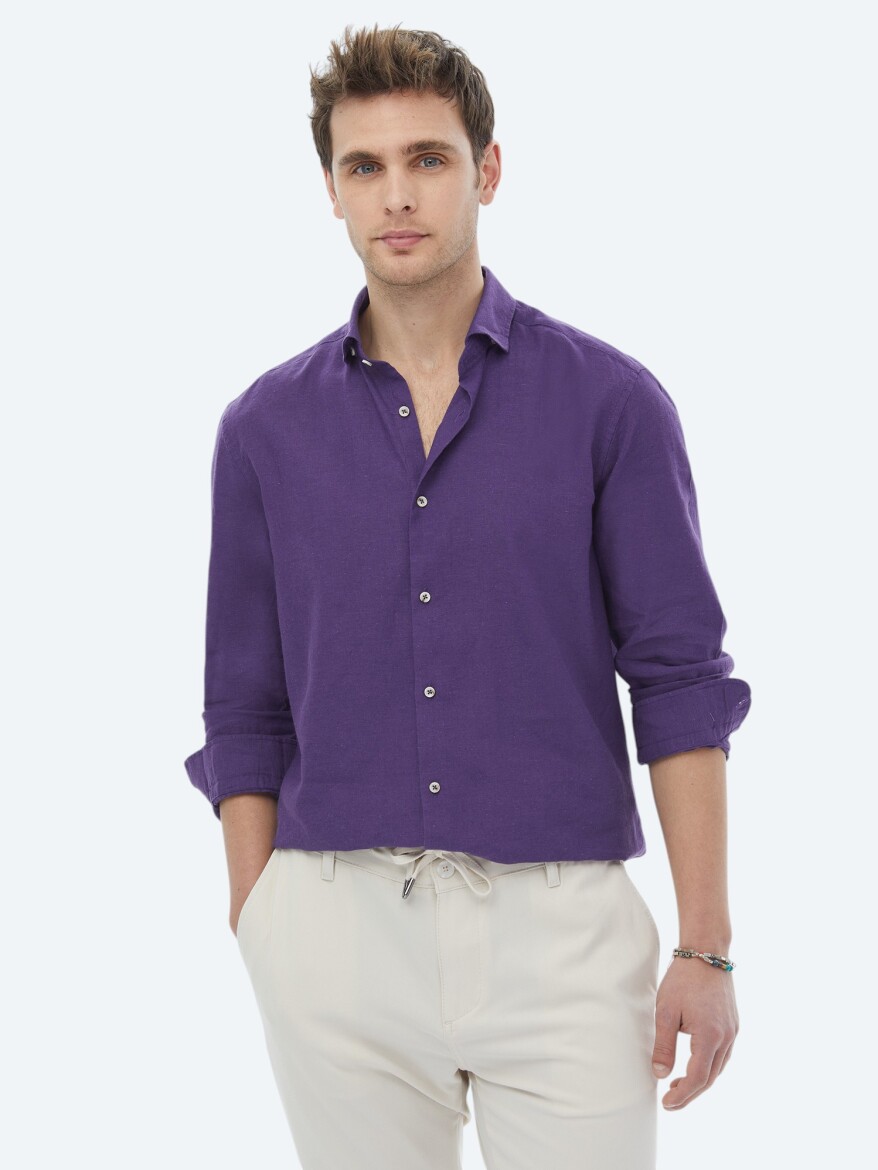 Purple Plain Regular Fit Weaving Casual Cotton Blended Shirt - 1
