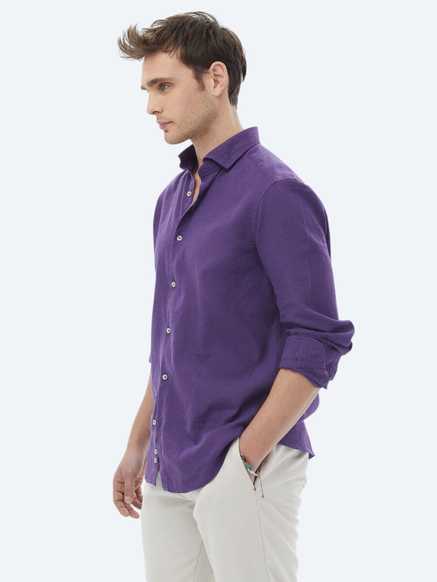 Purple Plain Regular Fit Weaving Casual Cotton Blended Shirt - 3