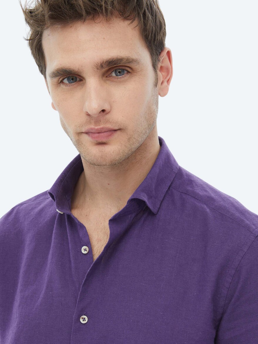 Purple Plain Regular Fit Weaving Casual Cotton Blended Shirt - 5
