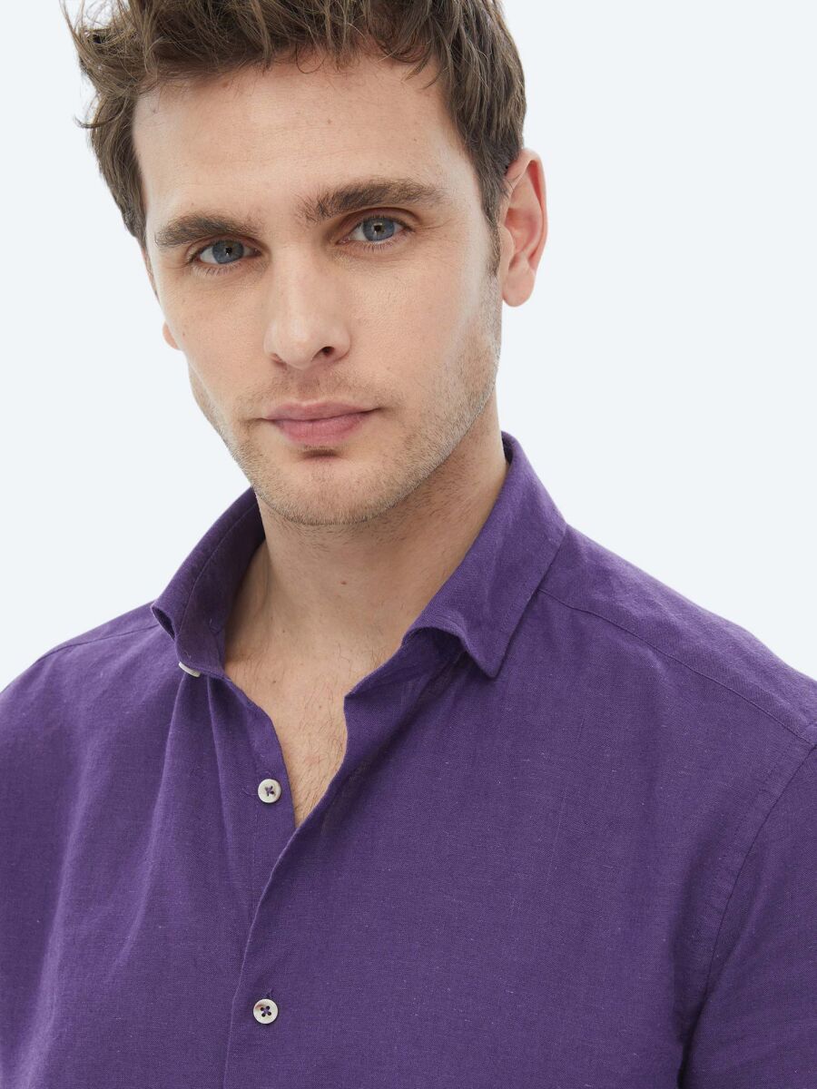 Purple Plain Regular Fit Weaving Casual Cotton Blended Shirt - 5
