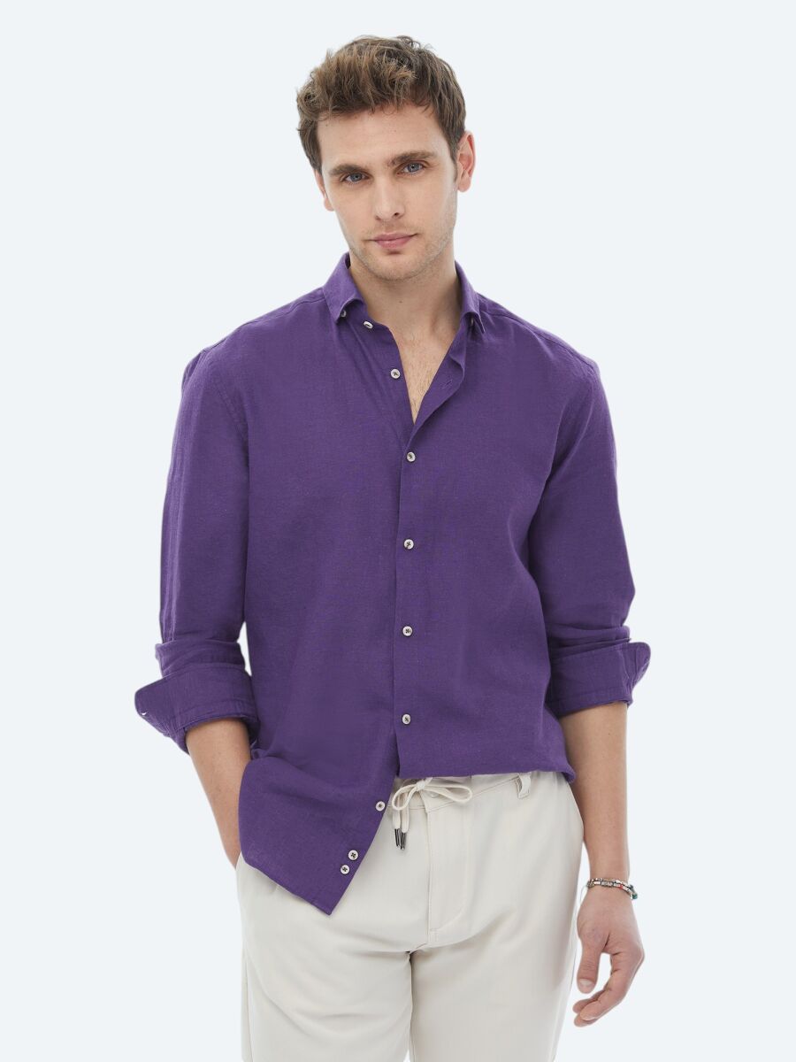 Purple Plain Regular Fit Weaving Casual Cotton Blended Shirt - 7