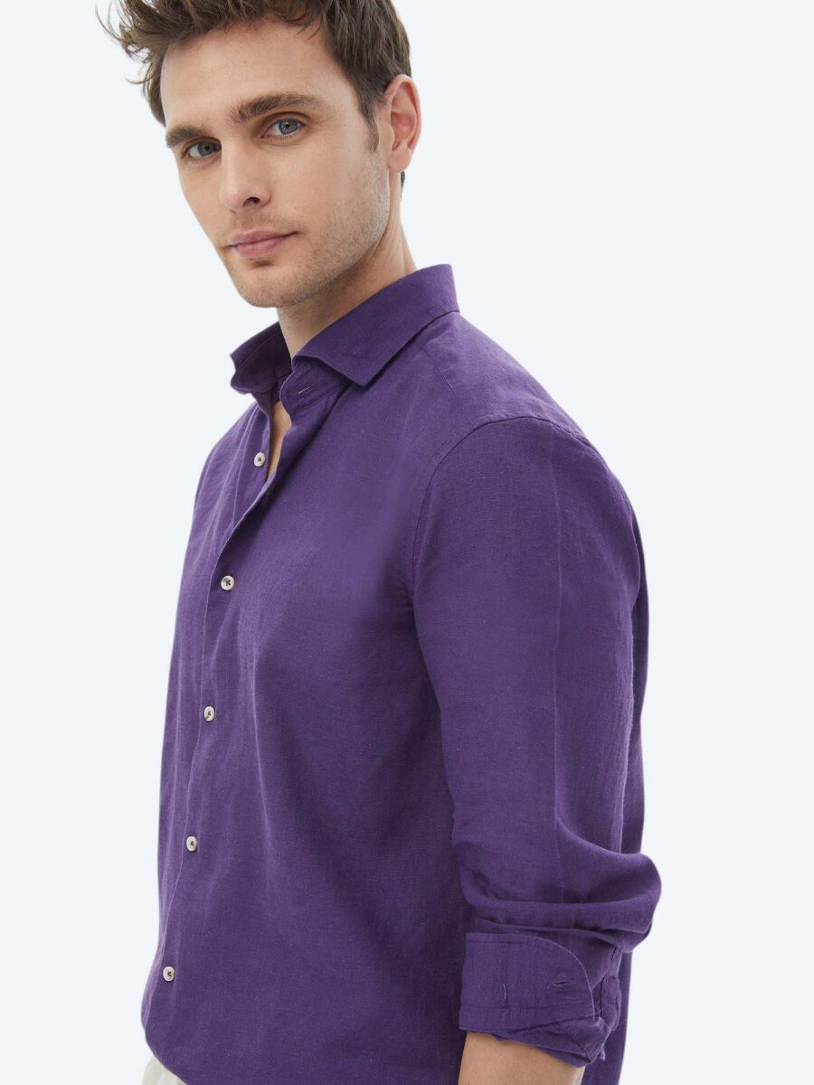 Purple Plain Regular Fit Weaving Casual Cotton Blended Shirt - 9