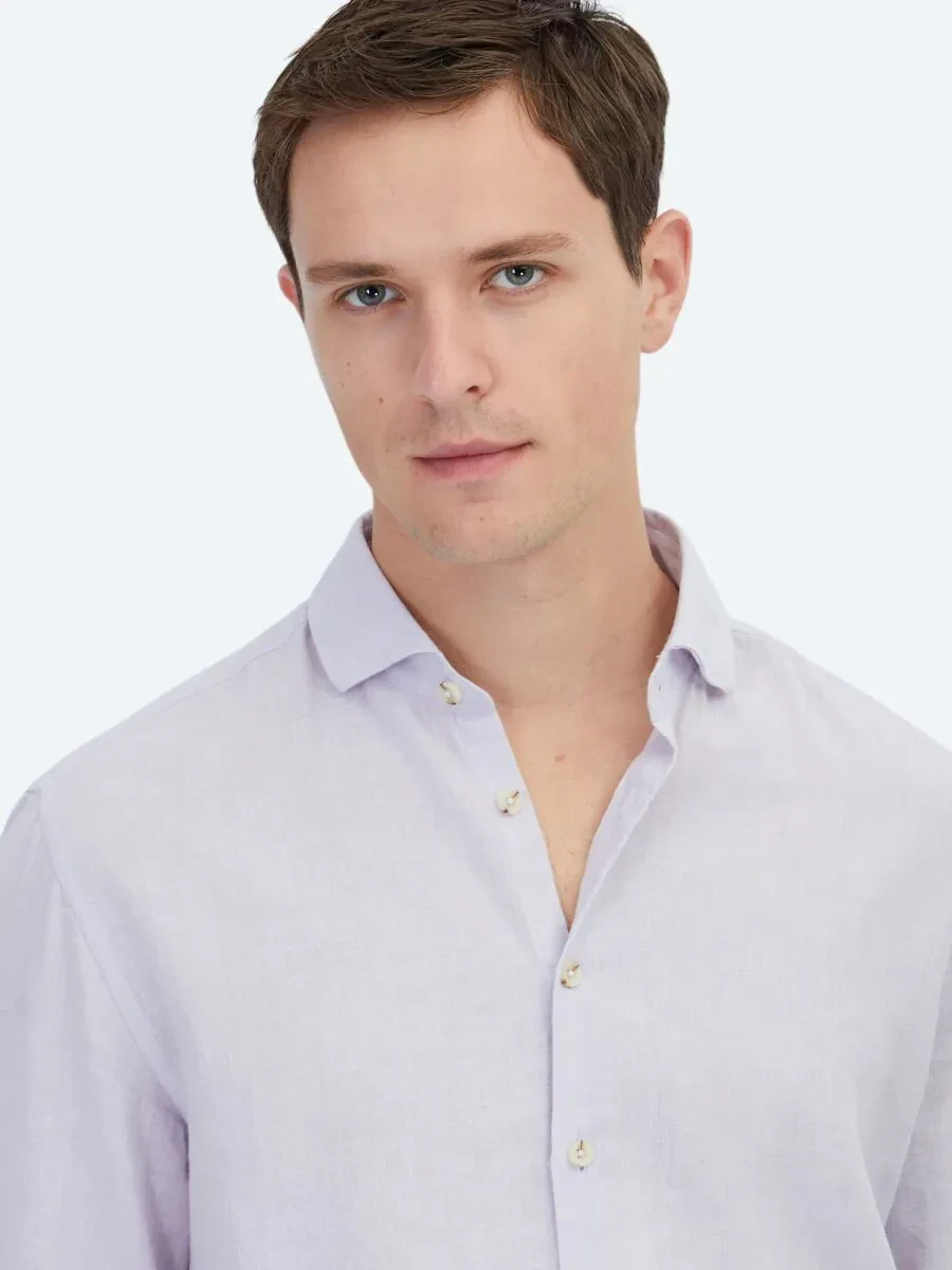 Purple Plain Regular Fit Weaving Casual Cotton Blended Shirt - 3