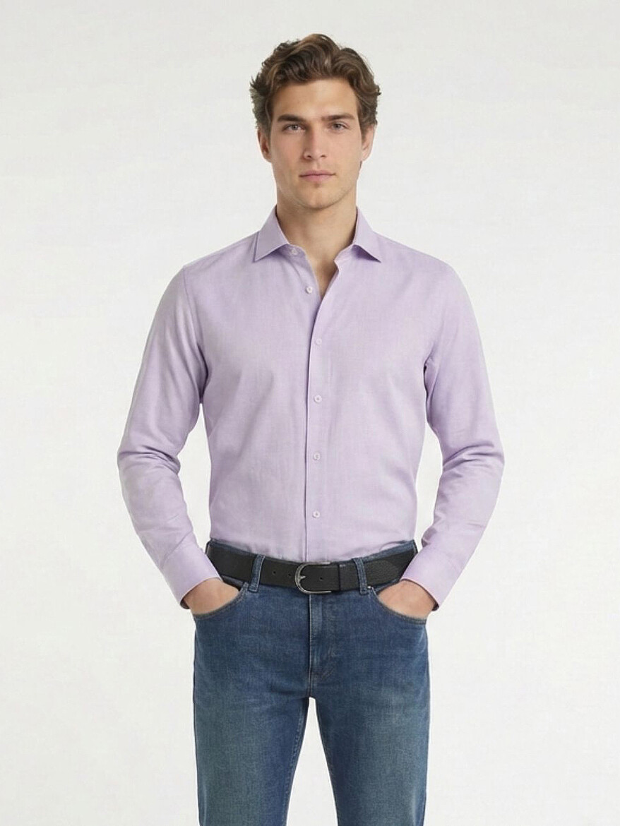 Purple Plain Regular Fit Weaving Classical Cotton Blended Shirt - 1