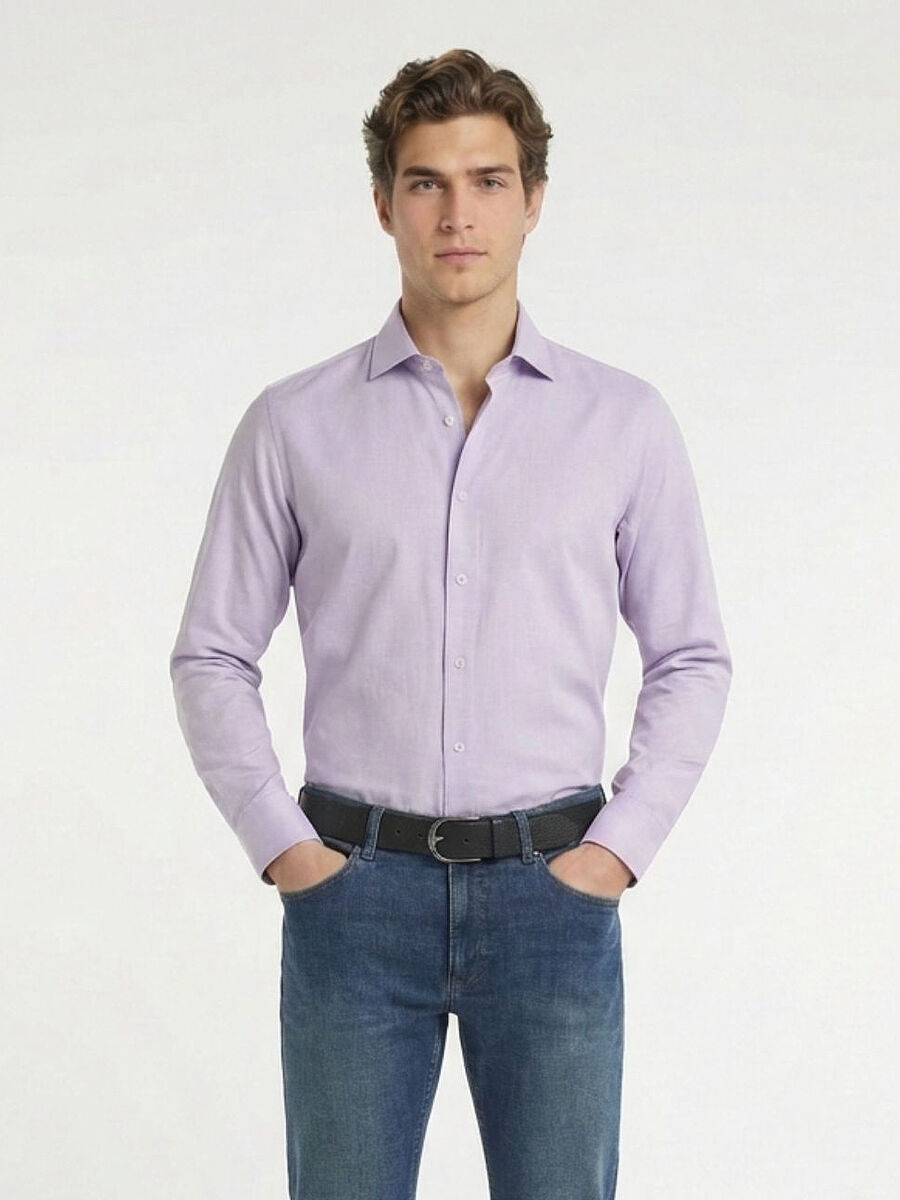 Purple Plain Regular Fit Weaving Classical Cotton Blended Shirt - 1