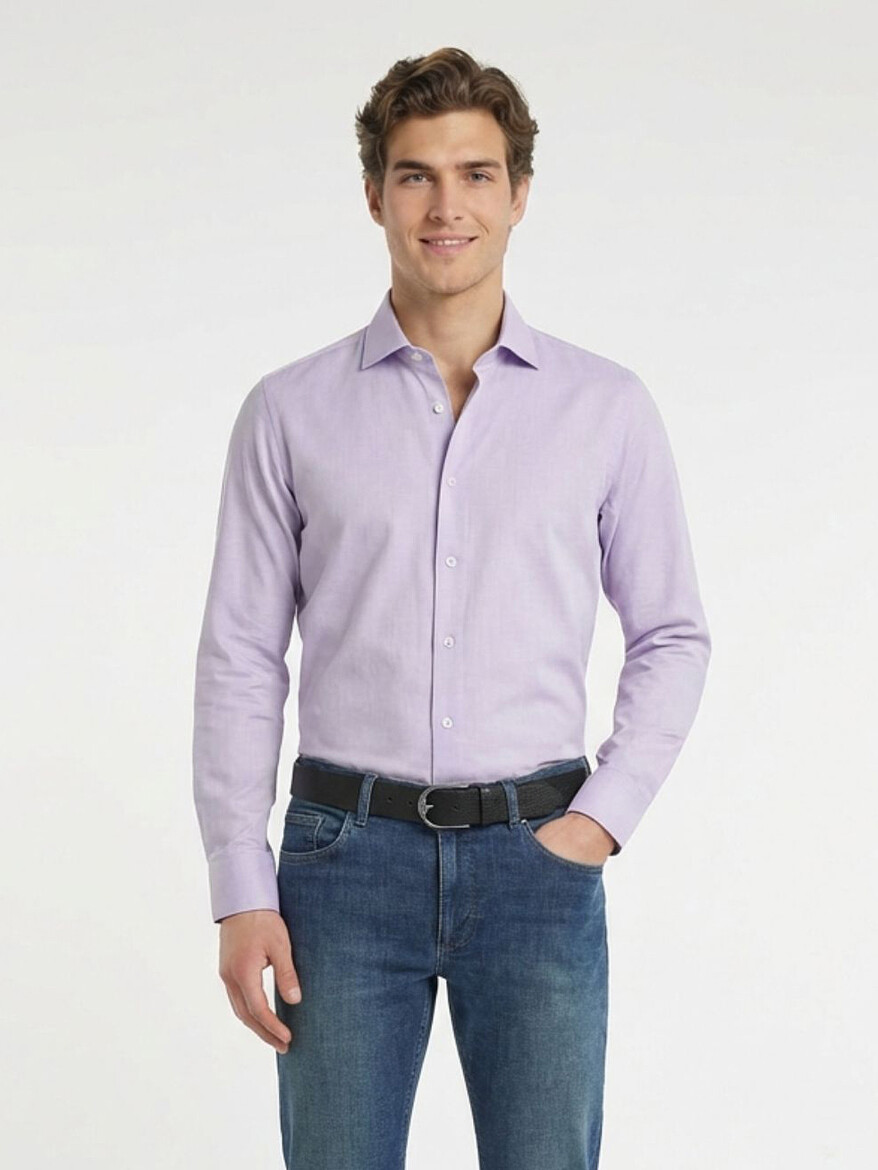 Purple Plain Regular Fit Weaving Classical Cotton Blended Shirt - 1