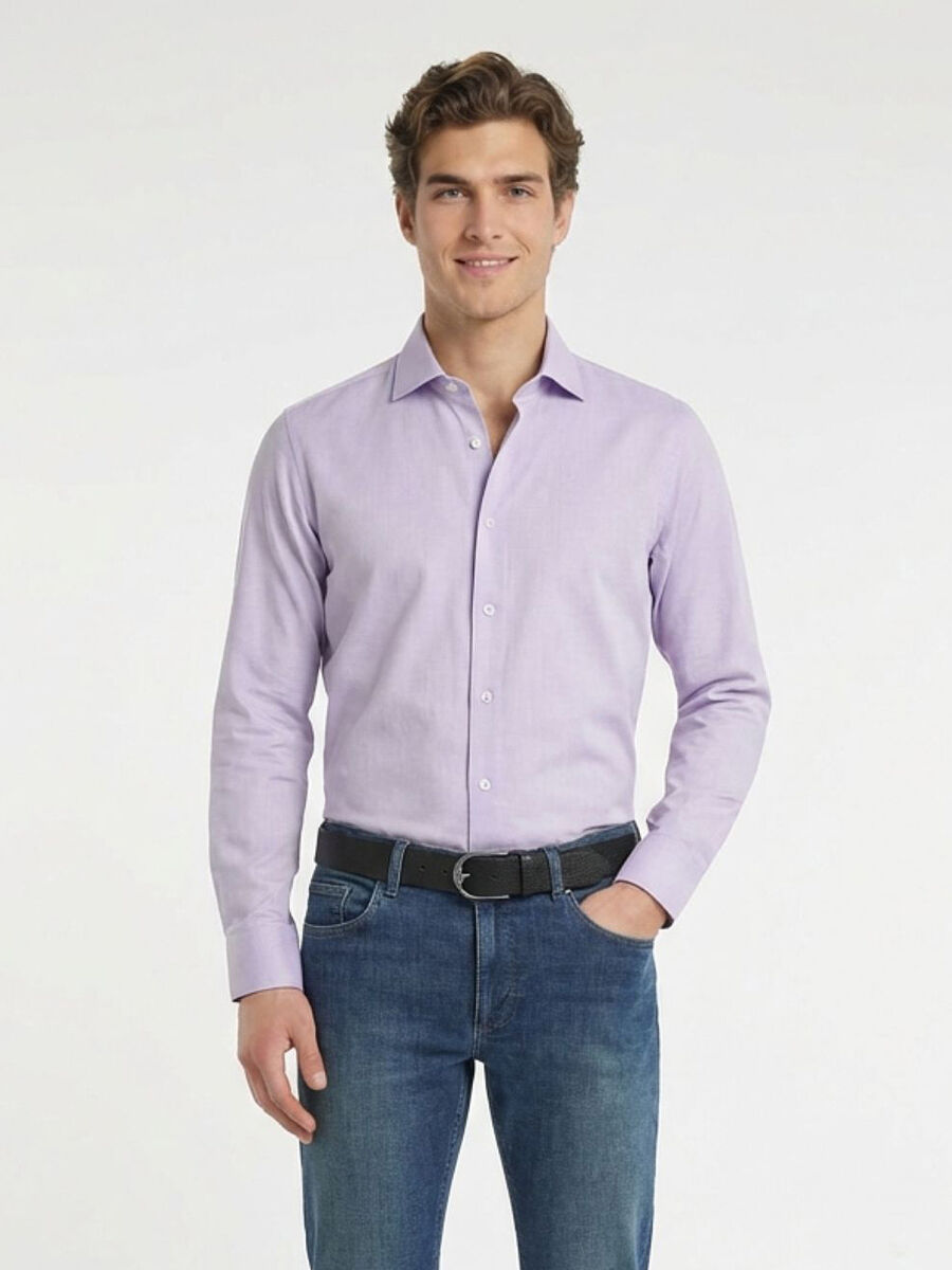 Purple Plain Regular Fit Weaving Classical Cotton Blended Shirt - 1