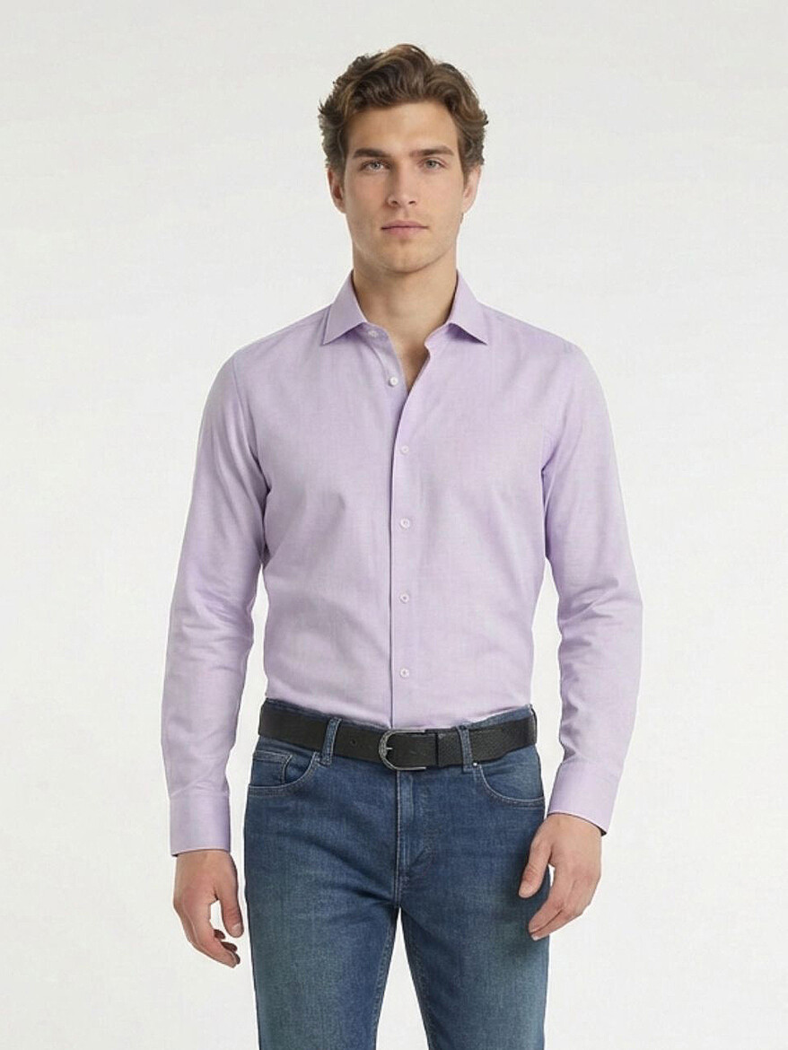 Purple Plain Regular Fit Weaving Classical Cotton Blended Shirt - 3