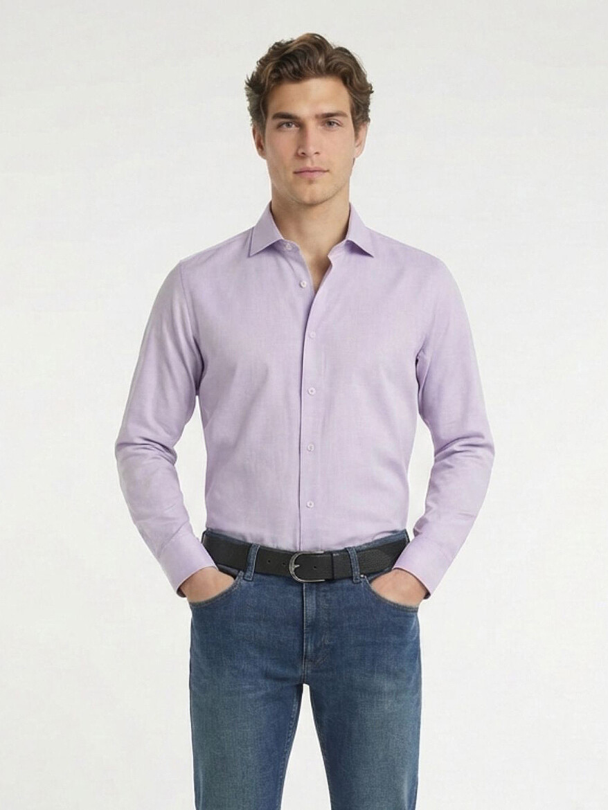 Purple Plain Regular Fit Weaving Classical Cotton Blended Shirt - 1