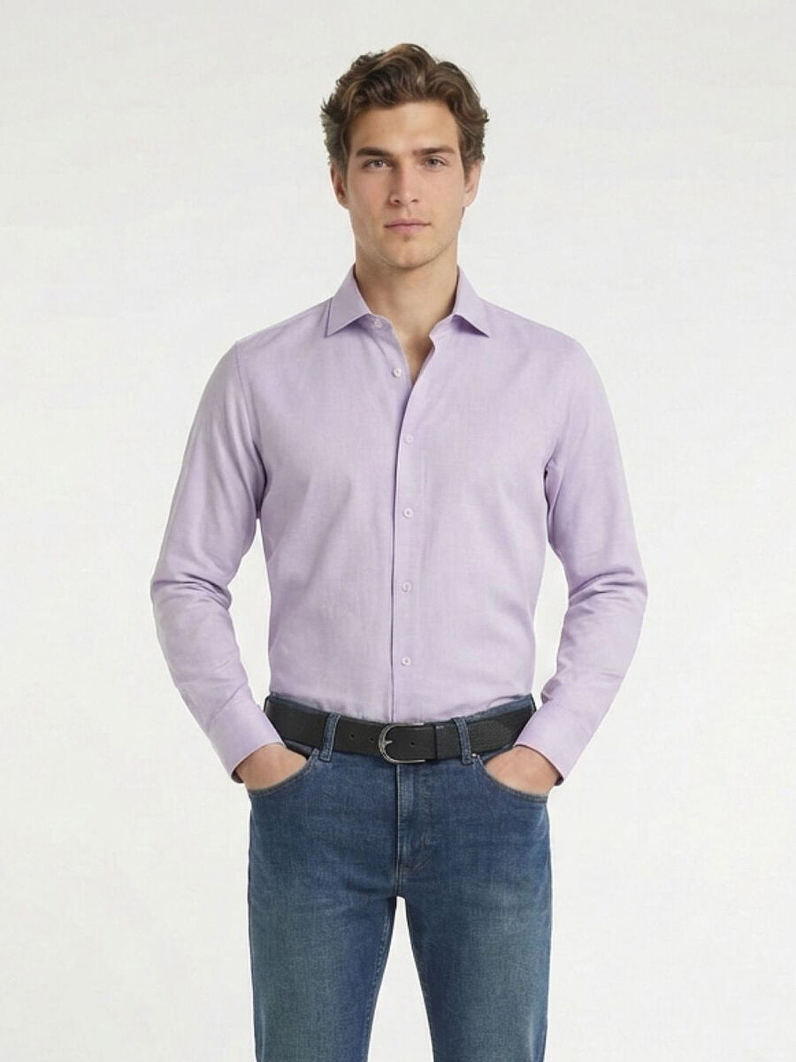 Purple Plain Regular Fit Weaving Classical Cotton Blended Shirt - 1